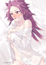 Rule 34 | 1girl, bare shoulders, blush, breasts, cleavage, commentary request, embarrassed, forehead, groin, hair intakes, jun&#039;you (kancolle), kantai collection, large breasts, long hair, mikage takashi, naked shirt, off shoulder, open mouth, purple eyes, purple hair, shirt, smile, solo, spiked hair
