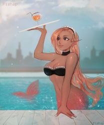 Rule 34 | 1girl, absurdres, arm support, bad id, bad tumblr id, bare arms, bare shoulders, bikini, black bikini, black choker, blonde hair, blurry, blurry background, breasts, bright pupils, brown eyes, choker, cleavage, cup, dark-skinned female, dark skin, day, depth of field, drinking glass, fins, glint, hand up, head fins, highres, holding, holding tray, large breasts, lips, long hair, looking up, maid, maid bikini, maid headdress, matilda fiship, mermaid, monster girl, navel, original, outdoors, patreon username, pool, skyline, smile, solo, swimsuit, tray, unconventional maid, very long hair, water, webbed hands, wet