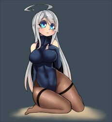 Rule 34 | 1girl, antenna hair, aqua eyes, blue eyes, blush, breasts, covered navel, curvy, elbow gloves, full body, gloves, grey hair, hair ornament, hand on own chest, highleg, highleg leotard, kneeling, large breasts, leotard, long hair, looking at viewer, mrglasses (artist), original, pantyhose, shiny clothes, simple background, solo, very long hair, white background, wide hips, yu-li-na (mrglasses)
