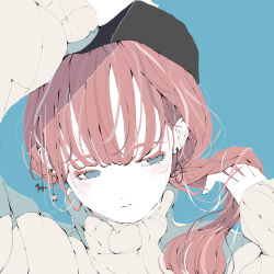 Rule 34 | 1girl, absurdres, adjusting clothes, adjusting headwear, averting eyes, beret, black hat, blue eyes, blush, closed mouth, commentary request, earrings, hat, head tilt, highres, holding, holding hair, jewelry, long bangs, long hair, long sleeves, no pupils, nocopyrightgirl, original, pale skin, ponytail, portrait, puffy sleeves, red hair, side ponytail, solo, stud earrings, sweater, turtleneck, turtleneck sweater, white sweater