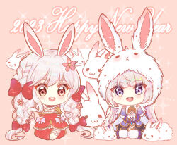 Rule 34 | 2023, 2girls, :d, animal, animal ears, animal hood, arch bishop (ragnarok online), bandaged arm, bandages, blush, bow, braid, carrot, chinese zodiac, commentary request, detached sleeves, dress, fake animal ears, grey hair, hair bow, happy new year, high priest (ragnarok online), highres, hood, hood up, light (luxiao deng), long hair, long sleeves, multiple girls, new year, open mouth, pink background, purple eyes, rabbit, rabbit ears, rabbit hood, ragnarok online, red bow, red dress, red eyes, red sleeves, smile, sparkle, teeth, twin braids, upper teeth only, very long hair, wide sleeves, year of the rabbit