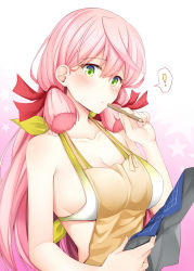 Rule 34 | !, 1girl, akashi (kancolle), alternate costume, apron, bikini, bikini under clothes, blueprint (object), commentary request, gradient background, green eyes, hair between eyes, hair ribbon, kantai collection, long hair, looking at viewer, pencil, pink hair, red ribbon, revision, ribbon, rui shi (rayze ray), solo, swimsuit, swimsuit under clothes