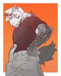 Rule 34 | 1boy, arknights, arm tattoo, bara, black shirt, claws, colored tips, fang, fang out, furry, furry male, highres, horns, hung (arknights), komainu boy, komainu ears, komainu tail, male focus, multicolored hair, muscular, muscular male, profile, shirt, single horn, tattoo, yume mitaatode