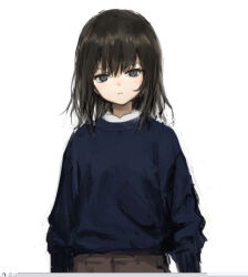 Rule 34 | 1girl, black eyes, black hair, blue sweater, brown pants, closed mouth, jitome, long sleeves, medium hair, original, pants, shirt, sho (sho lwlw), simple background, solo, sweater, upper body, white background, white shirt