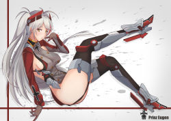 Rule 34 | 1girl, absurdres, antenna hair, azur lane, breasts, character name, female focus, full body, gloves, grey background, highres, large breasts, long hair, looking at viewer, military, military uniform, mole, mole on breast, no panties, prinz eugen (azur lane), sideboob, silver hair, simple background, sitting, solo, tagme, thighhighs, thighs, uniform, yellow eyes, yusha m