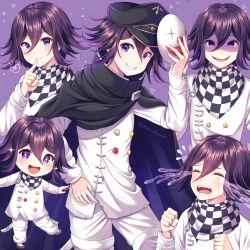 Rule 34 | black hair, black headwear, cape, checkered clothes, checkered scarf, chibi, clenched hands, commentary request, crying, danganronpa (series), danganronpa v3: killing harmony, evil grin, evil smile, grin, hair between eyes, hat, heart, highres, holding, holding mask, looking at viewer, male focus, mask, unworn mask, mouth mask, multiple views, nabekokoa, oma kokichi, purple eyes, purple hair, scarf, shaded face, simple background, smile, straitjacket, symbol-shaped pupils, tears, teeth