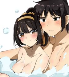 Rule 34 | 1boy, 1girl, bathing, blush, breasts, brown eyes, brown hair, cleavage, closed mouth, collarbone, commentary request, completely nude, hair ribbon, hairband, hetero, highres, kyon, medium breasts, medium hair, mixed-sex bathing, nude, partially submerged, ponytail, ribbon, sasai tuki, shared bathing, simple background, smile, soap bubbles, suzumiya haruhi, suzumiya haruhi no yuuutsu, wet, white background, yellow hairband, yellow ribbon