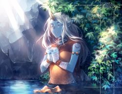 Rule 34 | 10s, 1girl, 2016, armband, blue skin, character name, colored skin, closed eyes, facing viewer, fanziju, horns, league of legends, long hair, outdoors, own hands together, pointy ears, single horn, solo, soraka (league of legends), standing, sunlight, wading, water, white hair, wrist wrap