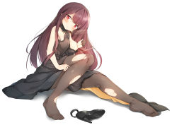 Rule 34 | 1girl, absurdres, bare shoulders, blush, breasts, clenched teeth, covering privates, covering breasts, dress, earrings, formal, full body, girls&#039; frontline, gloves, hansal, high heels, highres, jewelry, long hair, looking at viewer, medium breasts, official alternate costume, pantyhose, purple hair, red eyes, shoes, unworn shoes, sitting, solo, tears, teeth, torn clothes, torn legwear, torn pantyhose, wa2000 (ballroom interlude) (girls&#039; frontline), wa2000 (girls&#039; frontline)