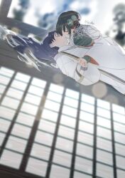 Rule 34 | 1girl, 1other, black hair, blurry, blurry background, closed eyes, commentary request, dutch angle, facing another, fate/samurai remnant, fate (series), hair down, hair flowing over, hair ornament, highres, holding hands, imminent kiss, interlocked fingers, japanese clothes, long hair, long sleeves, other with female, ototachibana-hime (fate), reflective floor, shirt, soshin (siriusalpc), twitter username, upper body, white shirt, wide sleeves, yamato takeru (fate)