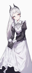 Rule 34 | 1girl, absurdres, alternate costume, arknights, beudelb, black gloves, blush, closed mouth, collared shirt, cross, dress, earrings, enmaided, eyeliner, feet out of frame, floral print, forehead, gloves, grey eyes, grey hair, head tilt, head wings, high ponytail, highres, irene (arknights), irene (voyage of feathers) (arknights), iron cross, jewelry, juliet sleeves, layered clothes, long dress, long sleeves, looking at viewer, maid, maid headdress, official alternate costume, pendant, puffy sleeves, red eyeliner, shirt, short bangs, sidelocks, simple background, skirt hold, sleeve cuffs, solo, white background, white dress, white shirt, wings