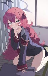 Rule 34 | 1girl, absurdres, armband, black eyes, black jacket, black shirt, blue archive, closed mouth, doli, finger to mouth, halo, highres, indoors, iroha (blue archive), jacket, long hair, long sleeves, looking at viewer, necktie, on floor, pillow, red armband, red hair, red necktie, shirt, shushing, sitting, sleeves past wrists, smile, solo