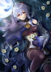 Rule 34 | 1girl, absurdres, ahoge, bare shoulders, bell, black gloves, black legwear, blue hair, blush, breasts, detached sleeves, flower, ganyu (genshin impact), genshin impact, gloves, highres, holding, holding flower, horns, knee up, long hair, looking at viewer, lying, medium breasts, mgmg ebi, neck bell, on back, open mouth, orb, outstretched arm, partially submerged, purple eyes, qingxin flower, smile, solo, thighlet, water, white flower, white sleeves