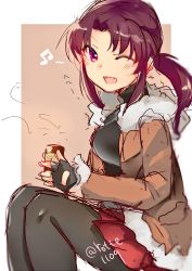 Rule 34 | 1girl, ;d, bad id, bad twitter id, beamed quavers, black lagoon, black pantyhose, blush, brown hair, can, canned coffee, drink can, fang, fingerless gloves, gloves, highres, jacket, long hair, looking at viewer, musical note, one eye closed, open mouth, pantyhose, ponytail, red eyes, revy (black lagoon), rotte (1109), sketch, skirt, smile, solo, twitter username