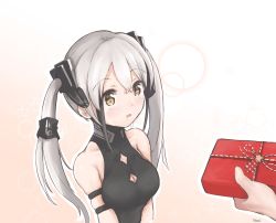 Rule 34 | 1girl, christmas, christmas present, cleavage cutout, clothing cutout, commentary request, crying, crying with eyes open, destroyer (girls&#039; frontline), gift, girls&#039; frontline, giving, hani (v2ictory), sangvis ferri, solo focus, tears, twintails, white hair, yellow eyes