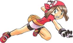 Rule 34 | 1girl, angry, blue eyes, brown hair, creatures (company), game freak, gloves, lunging, may (pokemon), nintendo, official art, pokemon, pokemon adventures, red shirt, shirt, short hair, solo, transparent background, yamamoto satoshi