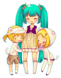 Rule 34 | &gt; &lt;, 1boy, 2girls, :d, :p, ^ ^, alice vysochina, alternate costume, animal ears, animal hat, animal hood, aqua hair, bad id, bad pixiv id, blonde hair, blush, boots, cat ears, cat hat, cat hood, cat tail, chibi, closed eyes, clothes writing, dress, fighting, floral print, food-themed hair ornament, full body, gloves, green hair, hair ornament, hairclip, hat, hatsune miku, holding hands, hood, hooded jacket, hoodie, jacket, kagamine len, kagamine rin, kneehighs, leaning forward, legs apart, long hair, looking at another, looking at viewer, matching outfits, microskirt, miniskirt, multiple girls, open mouth, pocket, ponytail, print dress, purple footwear, sandwiched, shoes, short hair, shorts, siblings, simple background, skirt, sleeveless, sleeveless dress, smile, socks, solid oval eyes, standing, swept bangs, tail, thighhighs, tongue, tongue out, turtleneck, twins, twintails, very long hair, visor cap, vocaloid, white background, white legwear, zettai ryouiki, zipper