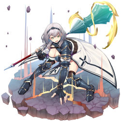 Rule 34 | 1girl, absurdres, armor, belt, black gloves, boobplate, braid, breastplate, breasts, brown belt, brown thighhighs, cleavage, crack, cracked floor, crown braid, debris, fighting stance, fingerless gloves, gloves, green eyes, grey hair, hairband, highres, holding, holding weapon, hololive, large breasts, looking at viewer, mace, medium hair, armored boots, mikan (chipstar182), mole, mole on breast, open mouth, over shoulder, pauldrons, pelvic curtain, shirogane noel, shirogane noel (1st costume), shoulder armor, single pauldron, solo, thighhighs, vambraces, virtual youtuber, waist cape, weapon, weapon over shoulder, white background