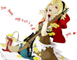Rule 34 | 1girl, al (arupaka), apron, basket, big bad wolf, blonde hair, blue pantyhose, bolt action, brown dress, cape, capelet, colored eyelashes, dress, dutch angle, english text, fangs, flower, frills, grimm&#039;s fairy tales, gun, hairband, hood, little red riding hood, little red riding hood (grimm), looking at viewer, open mouth, own hands clasped, own hands together, pantyhose, patterned legwear, red cape, red eyes, ribbon, rifle, shadow, short dress, simple background, sitting, solo, text focus, waist apron, weapon, white background