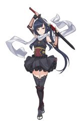 Rule 34 | 1girl, black hair, black skirt, black thighhighs, blue eyes, bracer, frown, full body, highres, holding, holding sword, holding weapon, katana, long hair, looking at viewer, oboro (princess principal), official art, ponytail, princess principal, princess principal game of mission, scarf, sheath, shin guards, skirt, solo, sword, thighhighs, transparent background, unsheathing, very long hair, weapon, white scarf