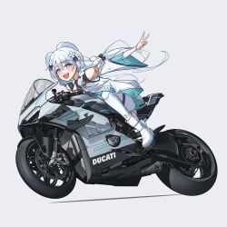 Rule 34 | 1girl, :d, absurdres, aurora project, black necktie, blue eyes, blue hair, braid, dress, ducati, hayashi iro, highres, light blue hair, long hair, looking at viewer, motor vehicle, motorcycle, necktie, on motorcycle, open mouth, outstretched arm, pants, riding, simple background, smile, solo, v, virtual youtuber, white background, white dress, white footwear, white pants, wide sleeves, yeong r6