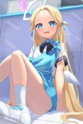 Rule 34 | 1girl, absurdres, apron, artist name, belt, black bow, black bowtie, blonde hair, blue apron, blue archive, blue belt, blue bow, blue eyes, blue ribbon, blurry, blush, bow, bowtie, clothes writing, collared dress, dress, floor, hair ribbon, halo, highres, indoors, kenma pro, long hair, looking at viewer, mini wings, number print, open mouth, panties, pantyshot, reflection, ribbon, shadow, shoes, short sleeves, sitting, sneakers, socks, solo, sora (blue archive), striped bow, striped bowtie, striped clothes, sweat, sweatdrop, tongue, underwear, very long hair, wall, white dress, white footwear, white panties, white socks, window, wings