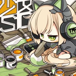 Rule 34 | 1girl, 7:08, absurdres, animal ear headphones, animal ears, black footwear, black gloves, black jacket, blonde hair, cat ear headphones, cat ears, character name, chibi, commentary request, expressionless, fake animal ears, floor, girls&#039; frontline, gloves, green eyes, hair between eyes, headphones, highres, holding, holding paintbrush, jacket, long hair, no mouth, no nose, paint, paintbrush, painting (action), seiza, sidelocks, sitting, solo, spray can, thigh strap, tmp (girls&#039; frontline), very long hair