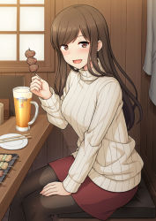 Rule 34 | 1girl, :d, alcohol, bad id, bad pixiv id, beer, beer mug, black pantyhose, blush, brown eyes, brown hair, chopsticks, cup, cushion, food, from side, holding, holding food, indoors, long hair, long sleeves, looking at viewer, looking to the side, meat, miniskirt, mug, nakamura sumikage, open mouth, original, pantyhose, red skirt, restaurant, sitting, skewer, skirt, smile, solo, sweater, swept bangs, table, tray, turtleneck, turtleneck sweater, white sweater, wooden table, wooden wall