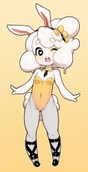 Rule 34 | 1girl, animal ears, bare shoulders, black eyes, black footwear, black hairband, black necktie, black pantyhose, blush, borrowed character, breasts, buck teeth, colored skin, covered navel, detached collar, egg, egg (lemyawn), fake animal ears, female focus, fishnet pantyhose, fishnets, food, food on head, full body, hairband, heart, heart-shaped pupils, highres, jpeg artifacts, leotard, looking at viewer, necktie, no humans, object on head, one eye closed, open mouth, orange leotard, original, pantyhose, personification, playboy bunny, rabbit ears, shiny skin, shoes, short hair, simple background, slugbox, small breasts, solo, standing, strapless, strapless leotard, symbol-shaped pupils, tail, teeth, white hair, white skin, yellow background