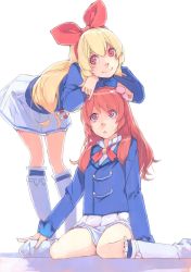 Rule 34 | 2girls, aikatsu!, aikatsu! (series), akinbo (hyouka fuyou), bent over, blonde hair, blue jacket, bow, braid, brown hair, crossed arms, crown braid, hair bow, hairband, hands on another&#039;s head, highres, hoshimiya ichigo, jacket, kneehighs, long hair, long sleeves, looking up, miniskirt, multiple girls, ozora akari, pleated skirt, red bow, red eyes, red hairband, red ribbon, ribbon, simple background, sitting, skirt, smile, socks, standing, triangle mouth, very long hair, wariza, white background, white legwear, white skirt
