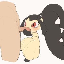 Rule 34 | 1boy, 1girl, black hair, blush, creatures (company), erection, extra mouth, fellatio, full body, game freak, gen 3 pokemon, hands up, hetero, highres, interspecies, looking at another, male pubic hair, mawile, nintendo, nude, open mouth, oral, penis, pokemon, pokemon (creature), pokephilia, pubic hair, red eyes, saliva, sharp teeth, simple background, size difference, solo focus, standing, sweat, teeth, uncensored, veins, veiny penis, white background, youjo modoki