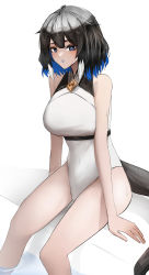 Rule 34 | 1girl, absurdres, adapted costume, arknights, bare arms, bare shoulders, black hair, blue eyes, blue hair, breasts, commentary request, feet out of frame, hair between eyes, highres, kjera (arknights), large breasts, leotard, looking at viewer, parted lips, short hair, simple background, soaking feet, solo, tail, thighs, water, wawamachi (wawamachis), white background, white leotard