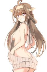 Rule 34 | 10s, 1girl, absurdres, ahoge, ass, backless dress, backless outfit, bare arms, bare back, bare shoulders, breasts, brown hair, butt crack, cowboy shot, double bun, dress, grin, hair between eyes, hair bun, hairband, halterneck, headgear, highres, kantai collection, kongou (kancolle), long hair, loo, looking at viewer, medium breasts, meme attire, naked sweater, ribbed sweater, shibakame, shibakame (917narto8537), sideboob, simple background, smile, solo, sweater, sweater dress, turtleneck, turtleneck sweater, virgin killer sweater, white background, white sweater