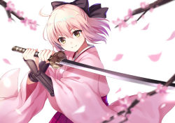 Rule 34 | 1girl, ahoge, arm guards, armor, bad id, bad pixiv id, black bow, blonde hair, blurry, bow, cherry blossoms, closed mouth, depth of field, fate/grand order, fate (series), floating hair, hair between eyes, hair bow, hakama, hakama skirt, half updo, harimoji, holding, holding sword, holding weapon, japanese armor, japanese clothes, katana, kimono, koha-ace, kote, kurokote, looking at viewer, okita souji (fate), okita souji (koha-ace), petals, pink kimono, pleated skirt, purple skirt, short hair, simple background, skirt, smile, solo, sword, upper body, weapon, white background, wide sleeves, yellow eyes
