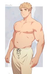 Rule 34 | 1boy, bara, belly, blonde hair, brown eyes, brown pants, closed mouth, commentary, dungeon meshi, english commentary, highres, laios touden, large pectorals, looking at viewer, male focus, muscular, muscular male, navel, nifast (greentail), nipples, pants, pectorals, short hair, simple background, solo, topless male, twitter username