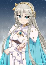 Rule 34 | 1girl, alternate hair length, alternate hairstyle, anastasia (fate), anastasia (fate) (cosplay), anastasia (idolmaster), aqua cape, blue eyes, breasts, cape, cleavage, closed mouth, cosplay, dress, fate/grand order, fate (series), hair ornament, idolmaster, idolmaster cinderella girls, inoshira, jewelry, long dress, long hair, long sleeves, looking at viewer, medium breasts, name connection, necklace, pendant, silver hair, smile, snow, solo, standing, twitter username, white dress