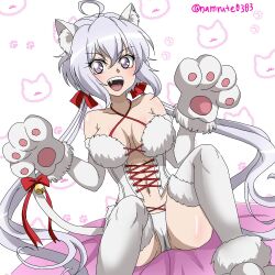 Rule 34 | 1girl, ahoge, animal ear fluff, animal ears, animal hands, bare shoulders, bell, bra, breasts, cat paws, commentary, corset, fake animal ears, fake tail, fang, fur-trimmed legwear, fur bra, fur trim, gao, gloves, hair between eyes, hair ribbon, highres, jingle bell, knees up, light blush, long hair, looking at viewer, medium breasts, namrute0303, on bed, panties, paw gloves, purple eyes, ribbon, senki zesshou symphogear, shiny skin, simple background, solo, tail, tail bell, tail ornament, teeth, thighhighs, twintails, underwear, upper teeth only, very long hair, white bra, white corset, white hair, white panties, white thighhighs, yukine chris