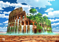 Rule 34 | arch, architecture, bird, blue sky, circle name, cloud, colosseum, column, day, dry earth, greco-roman architecture, highres, ivy, mountainous horizon, no humans, original, overgrown, palm tree, pillar, post-apocalypse, rainbow, ruins, scenery, sky, tokyogenso, tree, water, waterfall