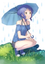 Rule 34 | 10s, 1girl, bare legs, bare shoulders, black shorts, blouse, blue footwear, blue shirt, blush, closed mouth, collarbone, cross-laced footwear, eyelashes, flat chest, from side, full body, grass, halterneck, highres, holding, holding umbrella, idolmaster, idolmaster million live!, looking away, makabe mizuki, matsuharu (lip-mil), off shoulder, puffy short sleeves, puffy sleeves, purple hair, shade, shirt, shoes, short hair, short shorts, short sleeves, shorts, sidelocks, sneakers, solo, squatting, umbrella, water drop, white background, yellow eyes
