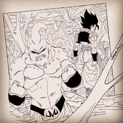 Rule 34 | 3boys, alternate universe, angry, artist name, back turned, baggy pants, belt, black border, black sclera, border, clenched hands, colored sclera, commentary request, dragon ball, dragonball z, closed eyes, fenyon, gogeta, greyscale, halftone, inside creature, looking at another, looking at viewer, majin buu, male focus, metamoran vest, monochrome, multiple boys, outside border, pants, sash, serious, shoes, short hair, spiked hair, standing, super buu, super saiyan, super saiyan 1, vambraces