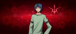 Rule 34 | 1boy, armband, artist request, blue hair, closed mouth, code geass, code geass: lost stories, collarbone, drop shadow, game cg, green shirt, hair intakes, hands on own hips, headband, highres, logo, long sleeves, looking at viewer, male focus, non-web source, official art, orange eyes, purple headband, red background, shirt, short hair, sidelocks, solo, standing, sugiyama kento, upper body