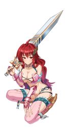 Rule 34 | 1girl, armor, bikini armor, breasts, cle masahiro, cleavage, female focus, full body, hair ornament, holding, holding sword, holding weapon, kisaragi setsuna, large breasts, long hair, official art, red eyes, red hair, revealing clothes, simple background, smile, solo, sword, valkyrie drive, valkyrie drive -siren-, weapon, white background