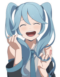 Rule 34 | 1girl, ^ ^, bad id, bad pixiv id, bare shoulders, blue hair, blue nails, blue necktie, close-up, closed eyes, collared shirt, detached sleeves, dot nose, facing viewer, fingernails, grey shirt, hair between eyes, hands up, hatsune miku, holding, holding hair, laughing, light blush, long hair, lower teeth only, nail polish, necktie, open mouth, round teeth, shiny skin, shirt, shoulder tattoo, simple background, sleeveless, sleeveless shirt, solo, tareme, tattoo, teeth, torla16, twintails, upper body, upper teeth only, vocaloid, white background
