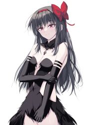 1girl akemi_homura akuma_homura bare_shoulders black_gloves black_hair breasts cleavage elbow_gloves gloves long_hair mahou_shoujo_madoka_magica purple_eyes recall_20 smile solo