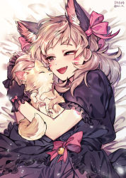 Rule 34 | 1girl, animal, animal ears, artist name, bell, black cat d.va, black dress, black gloves, blonde hair, blush, bow, cat, cat ears, closed eyes, closed mouth, d.va (overwatch), dress, facial mark, fang, fang out, frilled dress, frilled gloves, frilled sleeves, frills, gloves, gothic lolita, hair bow, highres, hug, jingle bell, lolita fashion, lying, official alternate costume, on side, open mouth, overwatch, overwatch 1, panza, pink bow, puffy short sleeves, puffy sleeves, purple eyes, short sleeves, sleeping, sleeping animal, smile, solo