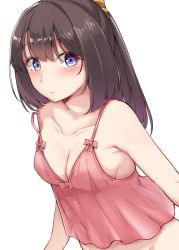 Rule 34 | 1girl, absurdres, akizuki (kancolle), babydoll, black hair, blue eyes, blush, bottomless, breasts, cleavage, closed mouth, hair ornament, hair scrunchie, highres, kantai collection, kiritto, long hair, medium breasts, ponytail, scrunchie, simple background, solo, white background