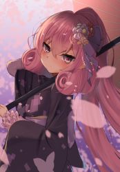 Rule 34 | 1girl, animal print, arm behind back, blush, butterfly print, cherry blossoms, closed mouth, curly hair, flower, gradient background, hair between eyes, hair flower, hair ornament, hand up, headwear request, highres, holding, holding umbrella, japanese clothes, kimono, long hair, long sleeves, looking at viewer, mizuha (pixiv56938668), neneka (new year) (princess connect!), neneka (princess connect!), obi, oil-paper umbrella, petals, pink eyes, pink hair, pointy ears, ponytail, princess connect!, purple kimono, sash, solo, umbrella, umbrella on arm, upper body, very long hair, wide sleeves