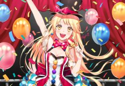 Rule 34 | 1girl, :d, arm up, back bow, balloon, bang dream!, black hat, blonde hair, bow, bowtie, breasts, cleavage, cloud print, confetti, curtains, dress, earrings, hat, hat bow, holding, holding scepter, jewelry, long hair, looking at viewer, m (aaaem), open mouth, pinky out, polka dot neckwear, pom pom (clothes), red bow, red bowtie, scepter, signature, smile, smiley face, solo, stage curtains, teeth, top hat, tsurumaki kokoro, upper teeth only, yellow eyes