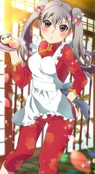 Rule 34 | 1girl, absurdres, apron, bell, blush, chinese clothes, double bun, falling petals, food, grey eyes, grey hair, hair bell, hair between eyes, hair bun, hair ornament, hand on own hip, highres, holding, holding food, holding plate, mashimaro tabetai, monogatari (series), oikura sodachi, petals, plate, solo, twintails, waitress