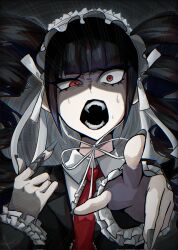 Rule 34 | 1girl, angry, black hair, black nails, blunt bangs, collared shirt, danganronpa: trigger happy havoc, danganronpa (series), fangs, gradient background, grey background, grey shirt, hands up, headdress, highres, jacket, long hair, nail polish, necktie, open clothes, open jacket, open mouth, pointing, pointing at viewer, raririrurere/ tabo, red necktie, shirt, solo, teeth
